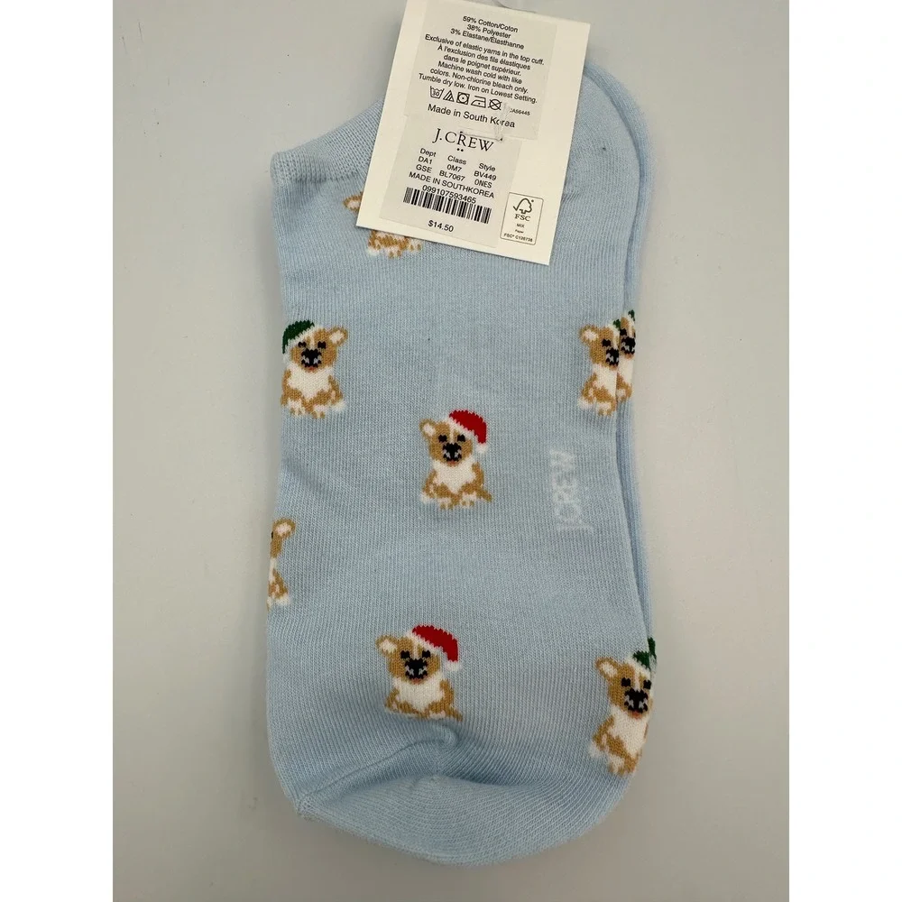 J. Crew Women's Ankle Socks Light Blue Puppy Dog Christmas‎ Print One Size NWT